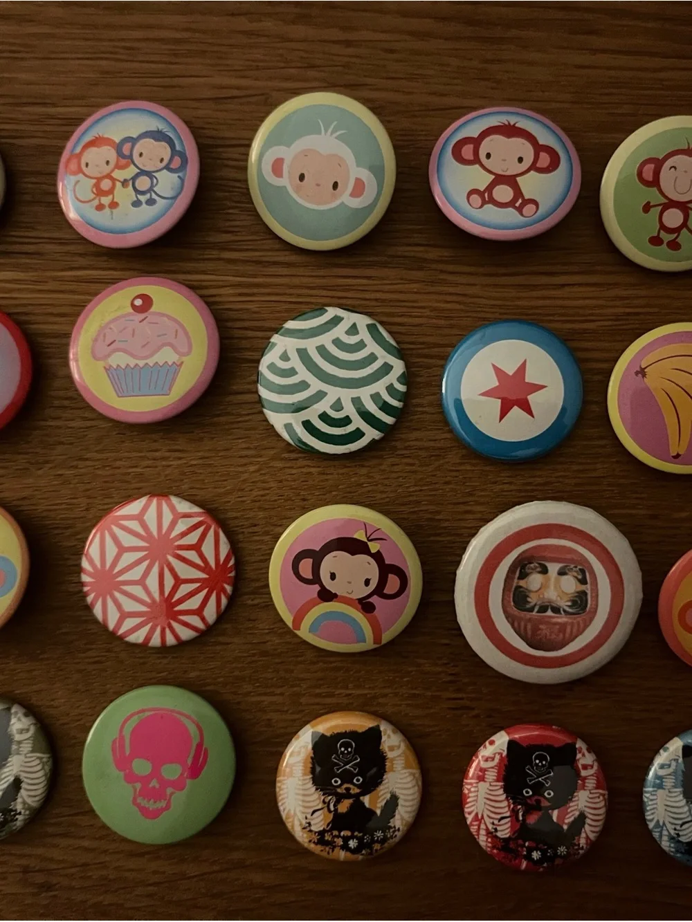 Colorful Monkey & Fun Badge Button Set - Pink, Blue, Green